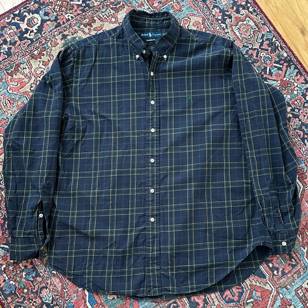 Ralph Lauren Navy and Green Plaid Tartan Button Down Shirt Men’s Size L